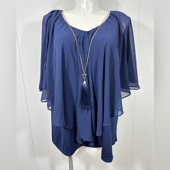 NWT Avenue Studio Navy Blue Floral Sheer Top Tunic Sz 22 / 24 Overly Necklace - Picture 1 of 12